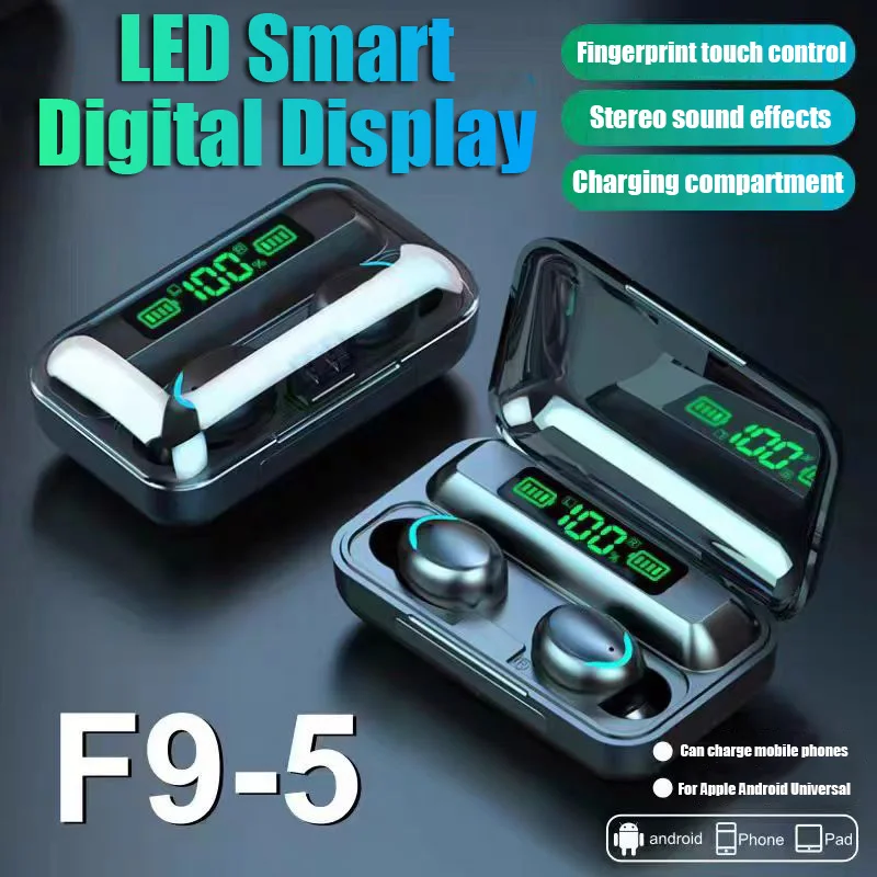 New F9-5 TWS Earphone Bluetooth Earphones Wireless Headphones Hifi Stereo Sports Earbuds Headset Hearing Aids with Mic Handfree